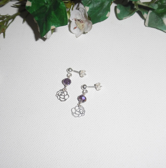 Earrings with small roses and plum crystal beads on 925 silver studs