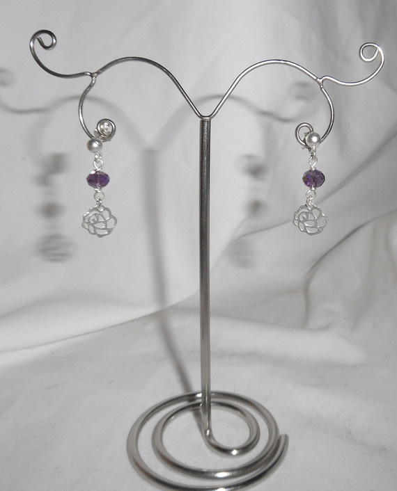 Earrings with small roses and plum crystal beads on 925 silver studs