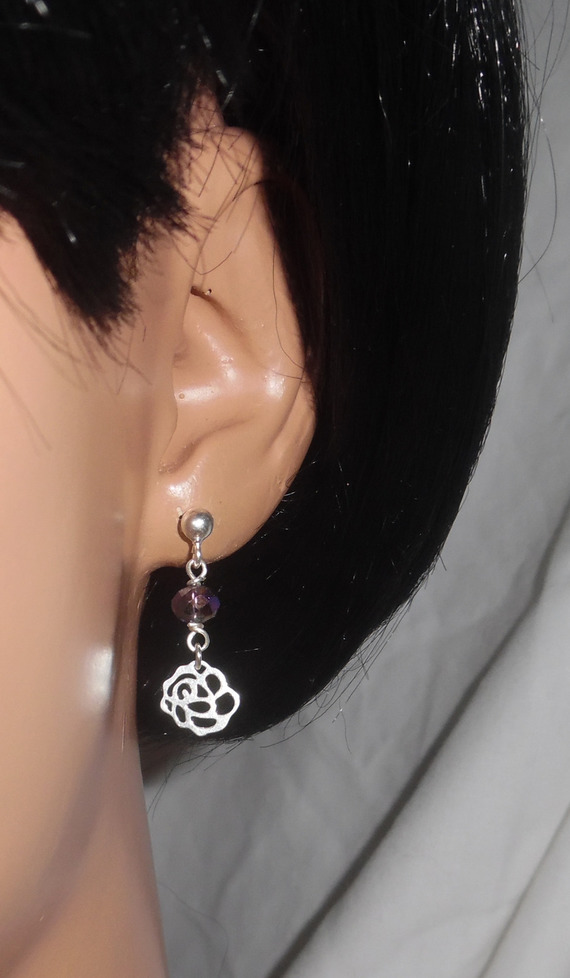 Earrings with small roses and plum crystal beads on 925 silver studs