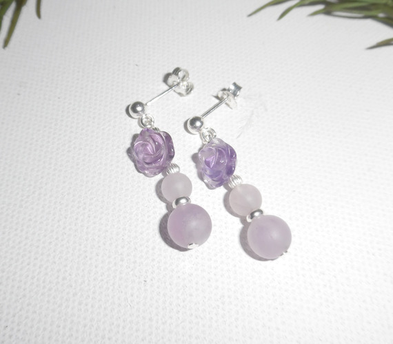 Silver 925 pink amethyst earrings with pearls