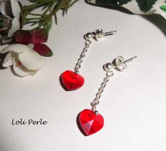 Silver 925 chain earrings with red Swarovski heart