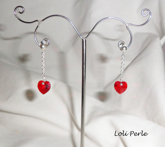 Silver 925 chain earrings with red Swarovski heart