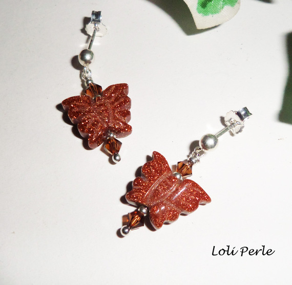 925 silver earrings butterflies in brown agate and crystal