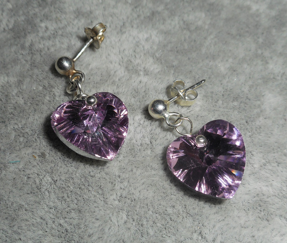 Purple heart earrings with Swarovski crystal on 925 silver studs