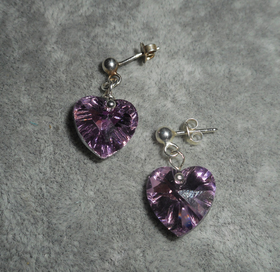 Purple heart earrings with Swarovski crystal on 925 silver studs