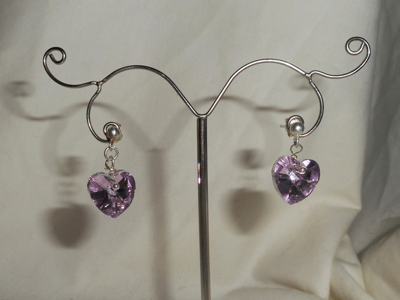 Purple heart earrings with Swarovski crystal on 925 silver studs