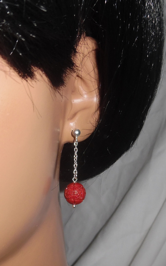 Carved gorgon bead earrings and chain on 925 silver studs