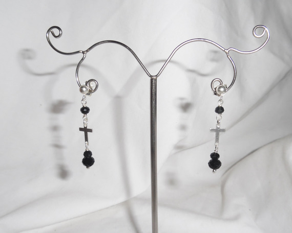 Black crystal beads earrings with cross on 925 silver studs