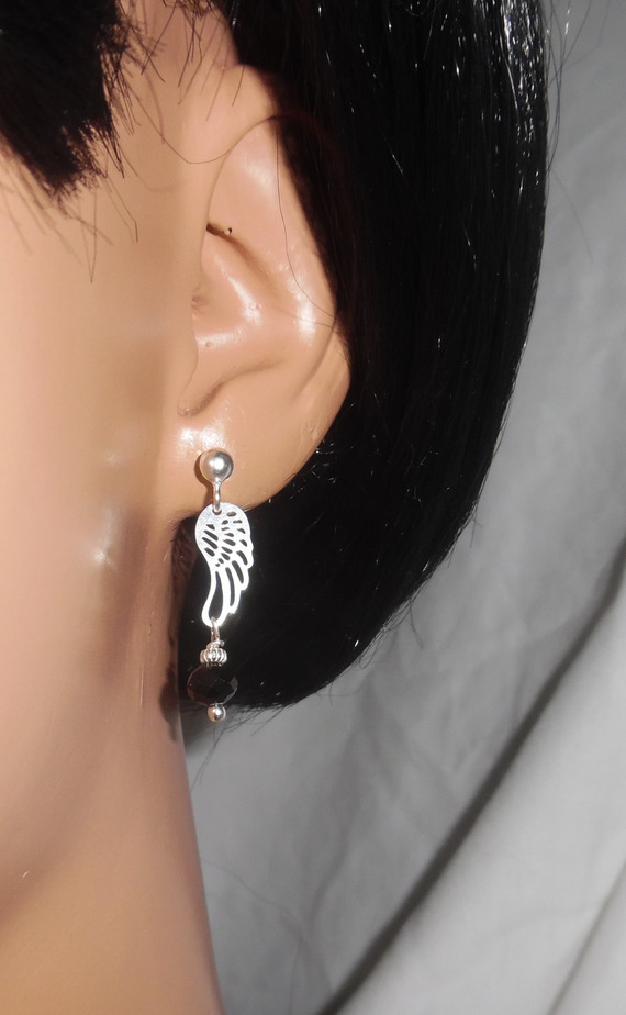 Black crystal bead earrings with wing on 925 silver studs