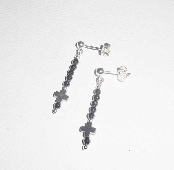 Hematite stone earrings with small cross on 925 silver studs