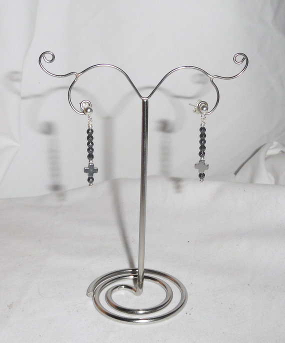 Hematite stone earrings with small cross on 925 silver studs