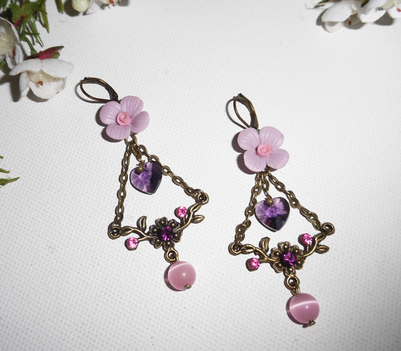 Purple flower earrings with heart tassels and pink beads