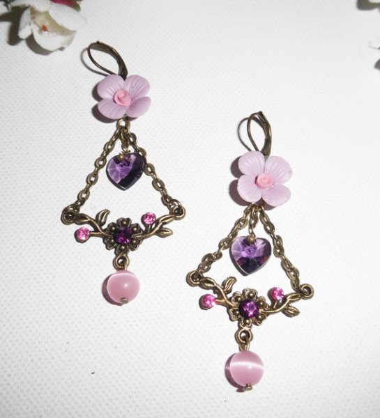 Purple flower earrings with heart tassels and pink beads