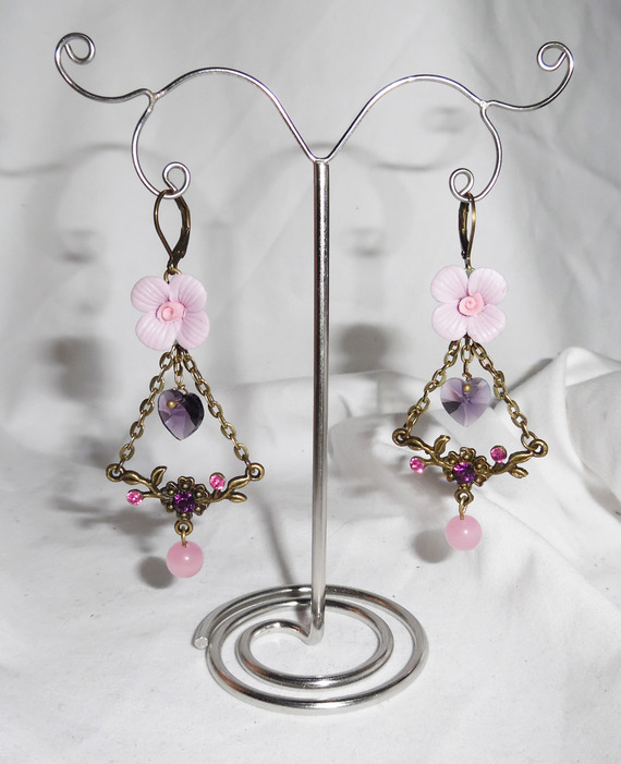 Purple flower earrings with heart tassels and pink beads