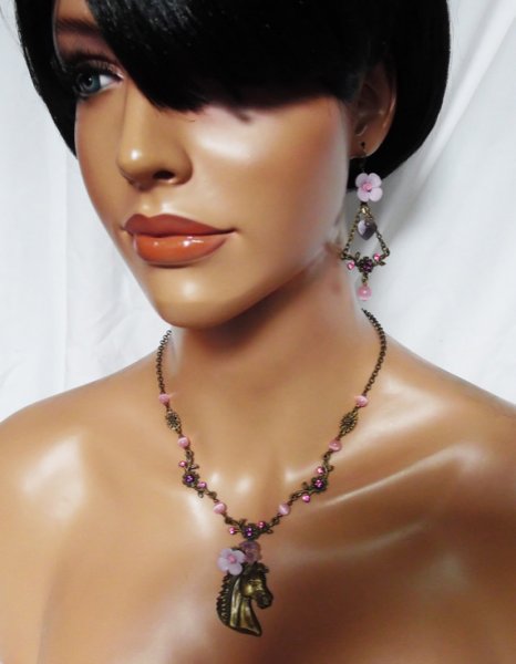 Purple flower earrings with heart tassels and pink beads