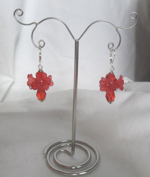 Red flower earrings with crystal beads