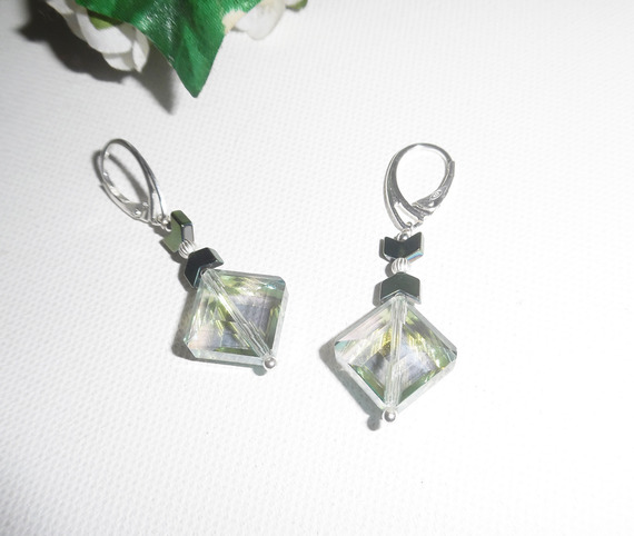 Green crystal diamond earrings on 925 silver