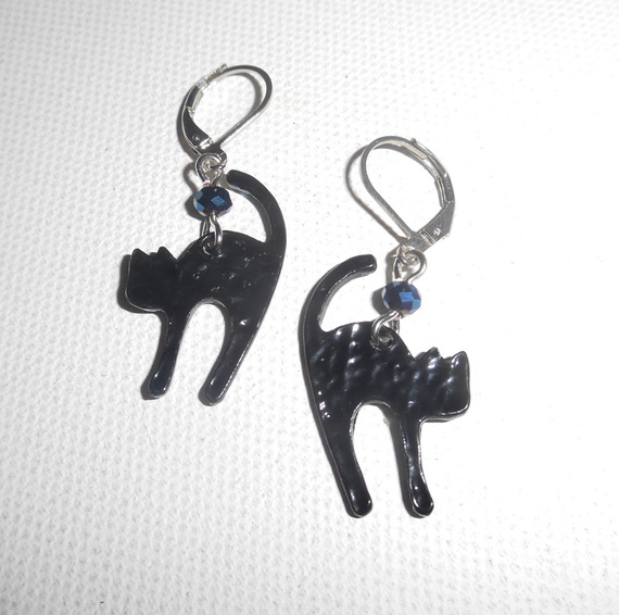 Black metal cat earrings with blue crystal bead