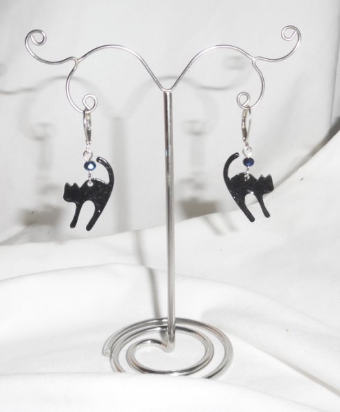 Black metal cat earrings with blue crystal bead