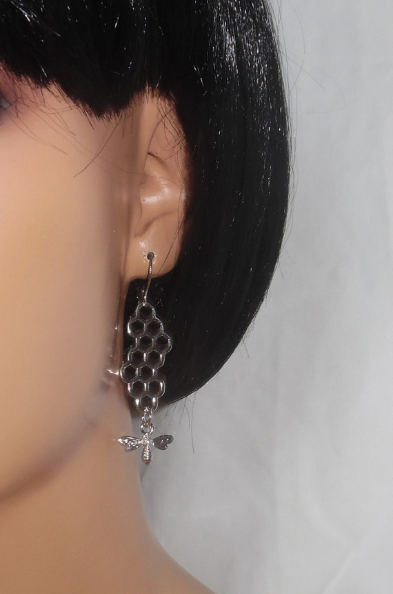 Honeycomb earrings with small silver bee