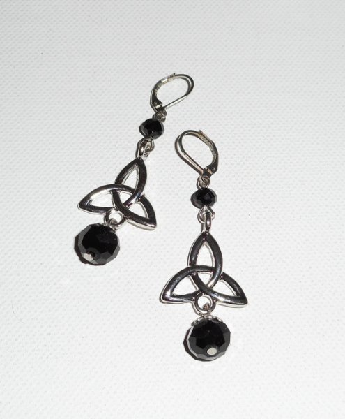 Celtic triangle earrings with black bohemian crystal beads on silver sleeper