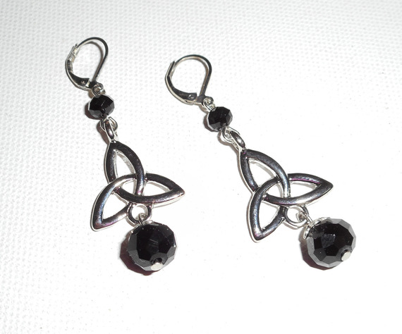 Celtic triangle earrings with black bohemian crystal beads on silver sleeper