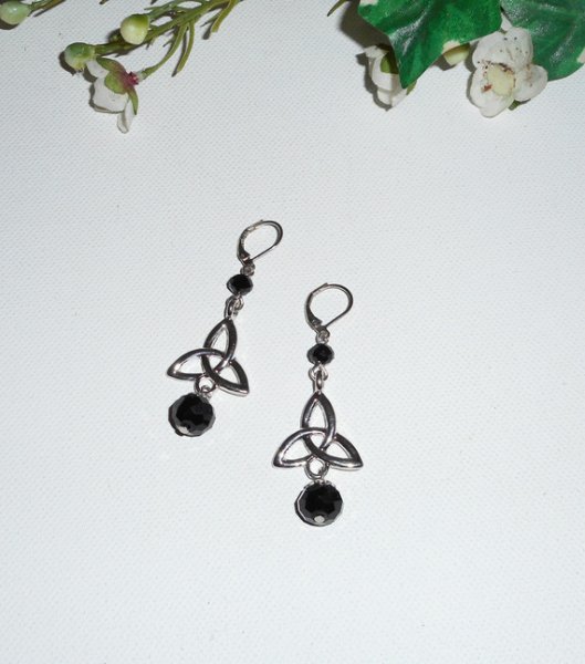 Celtic triangle earrings with black bohemian crystal beads on silver sleeper