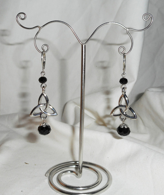 Celtic triangle earrings with black bohemian crystal beads on silver sleeper