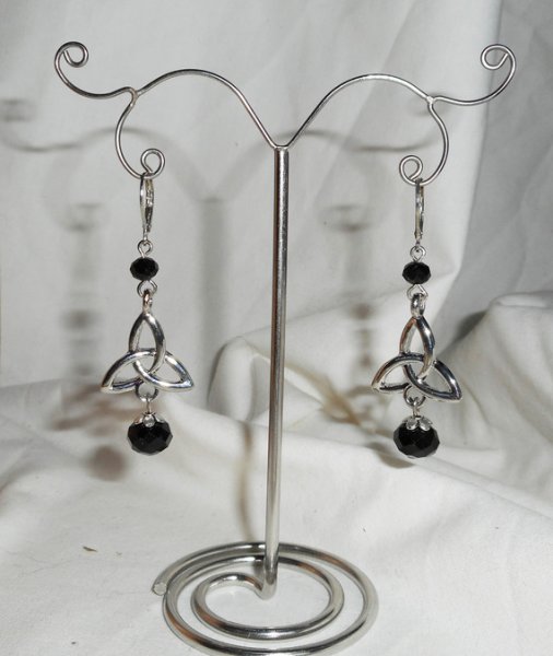 Celtic triangle earrings with black bohemian crystal beads on silver sleeper