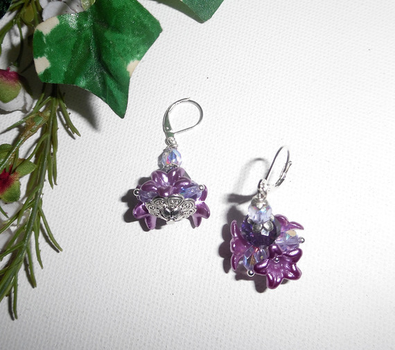 Original purple flower earrings with crystal beads