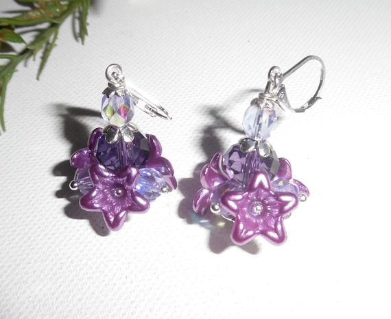 Original purple flower earrings with crystal beads