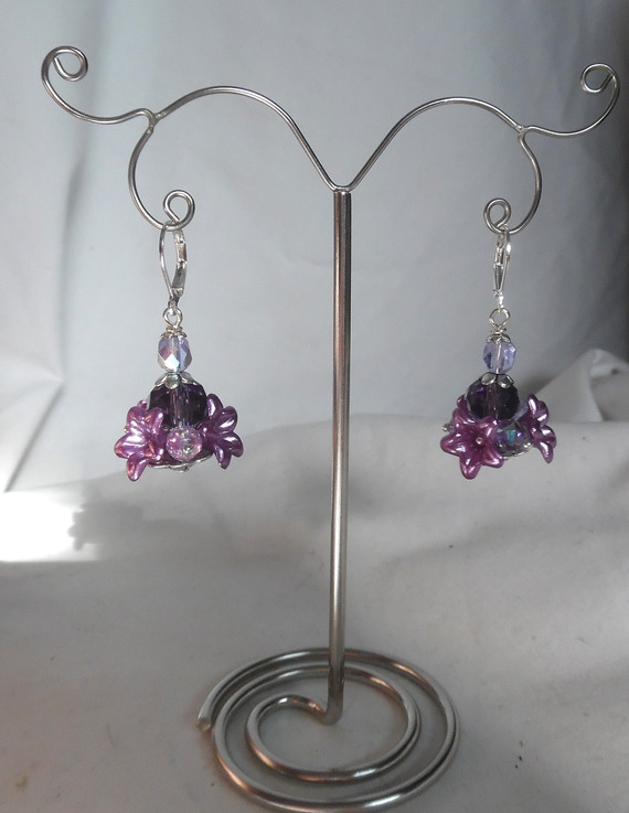 Original purple flower earrings with crystal beads