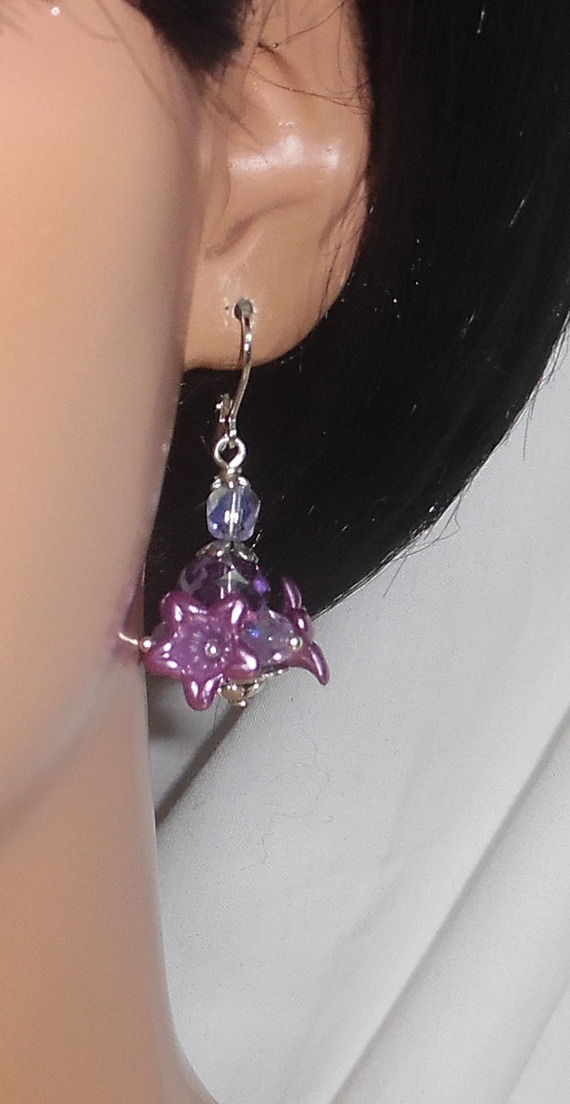 Original purple flower earrings with crystal beads