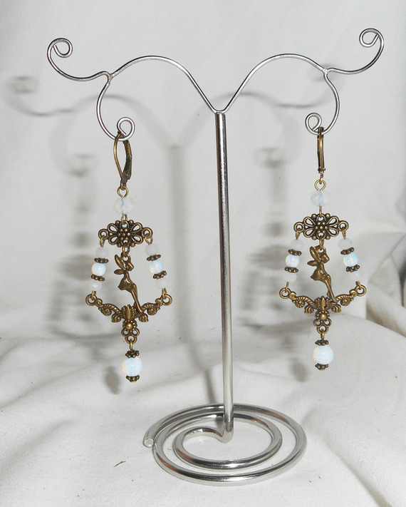 Fairy and white crystal tassel earrings on bronze sleepers