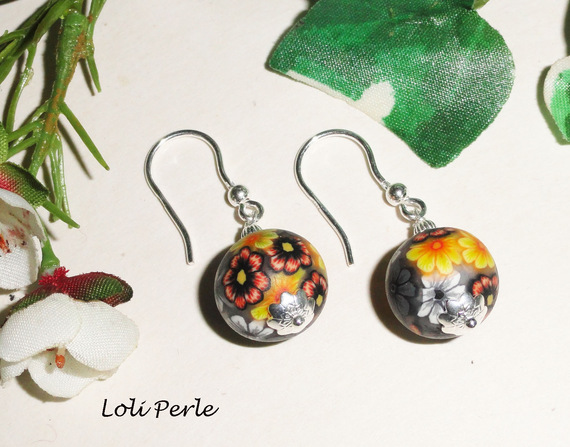 925 silver flowered clay bead earrings grey/yellow