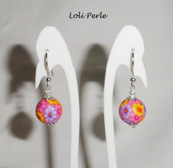 925 silver flowered clay beads earrings