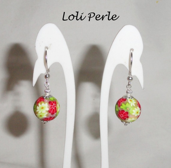 925 silver flowered clay beads earrings