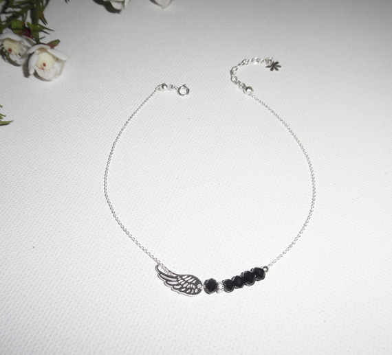 Ankle bracelet with wing and black bohemian crystal beads on 925 silver chain