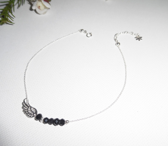 Ankle bracelet with wing and black bohemian crystal beads on 925 silver chain