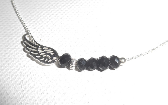 Ankle bracelet with wing and black bohemian crystal beads on 925 silver chain