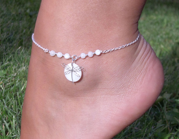 Original 925 silver bracelet/ankle chain with mother of pearl and dragonfly