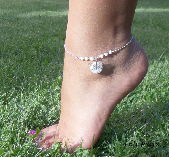 Original 925 silver bracelet/ankle chain with mother of pearl and dragonfly