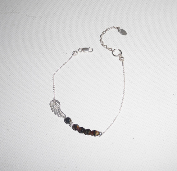 Original brown crystal wing and beads bracelet on 925 silver chain