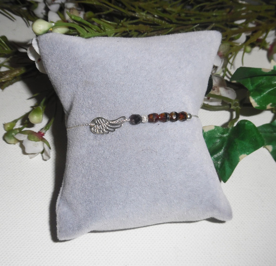 Original brown crystal wing and beads bracelet on 925 silver chain