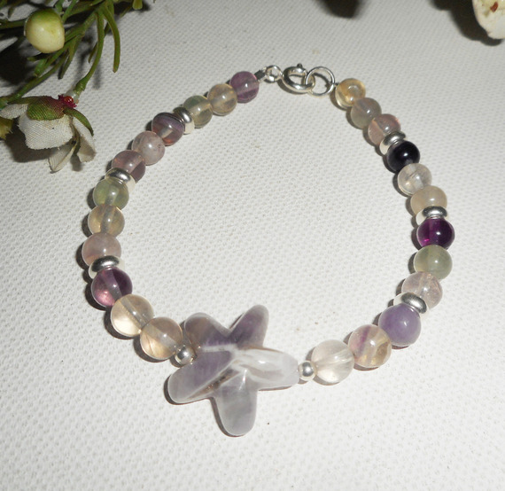 Amethyst and fluorite stones star bracelet on 925 silver