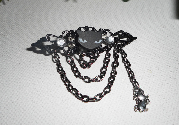 Black cat brooch with crystal rhinestones and black chain