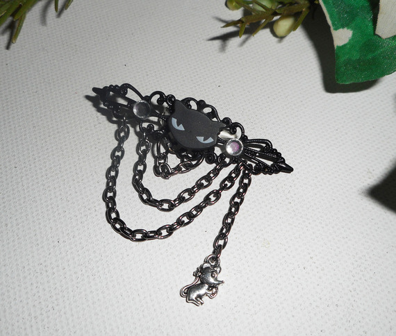 Black cat brooch with crystal rhinestones and black chain