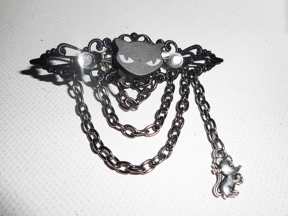 Black cat brooch with crystal rhinestones and black chain