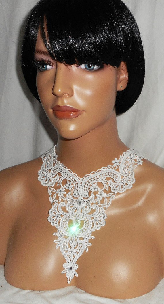 White lace ceremony necklace with flowers and Swarovski crystal