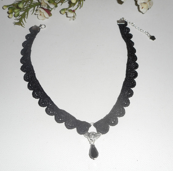 Black lace necklace with bohemian crystal drop